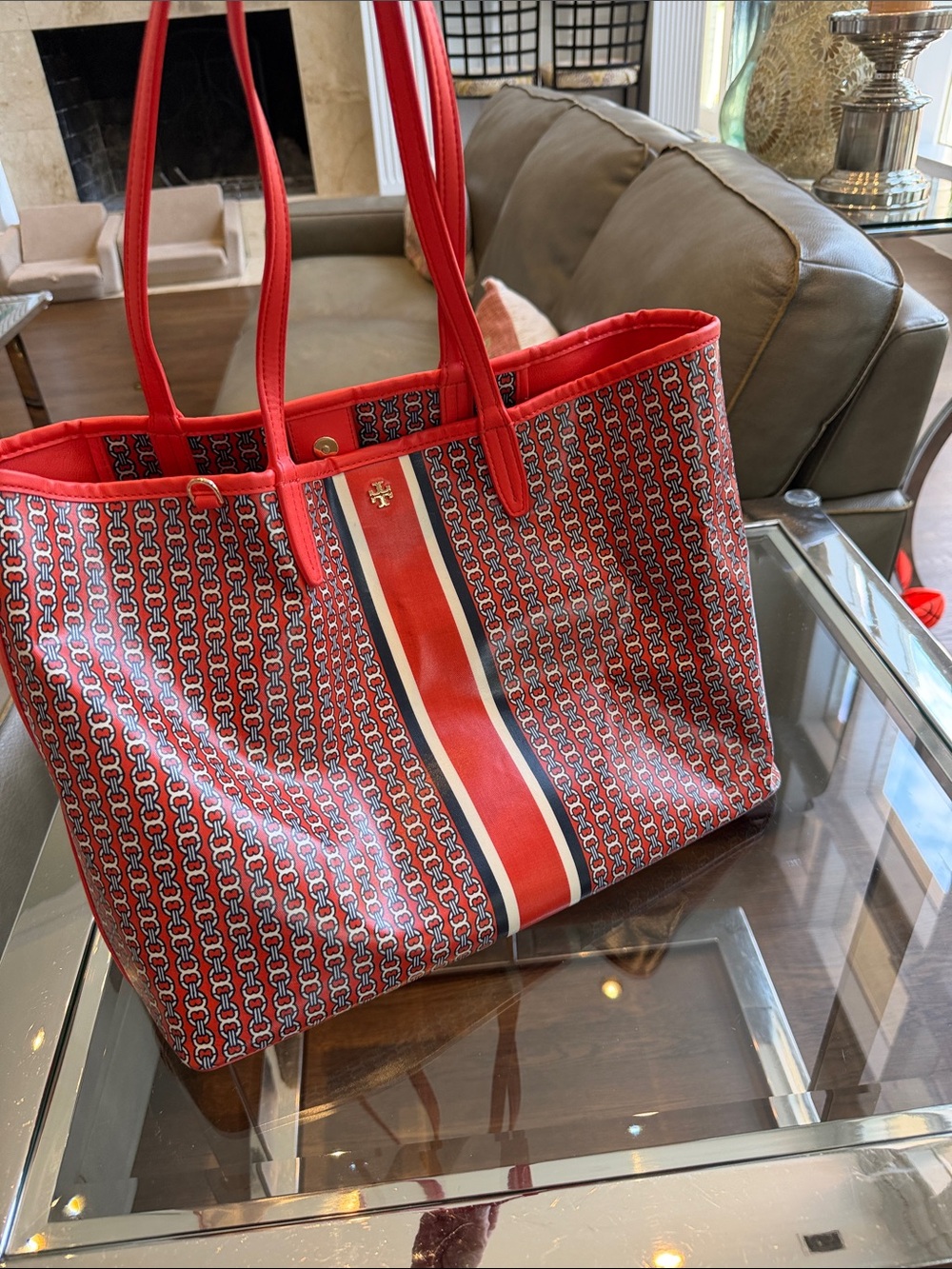 Tory Burch Print Tote Bag with Stripe Accent